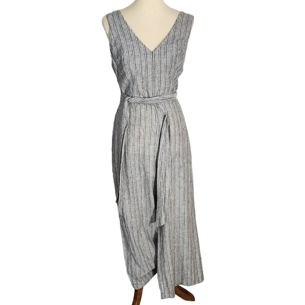 1. State Linen (sz 12) Blend Wide Leg V Neck Grey Striped High Waist Jumpsuit - Picture 3 of 12